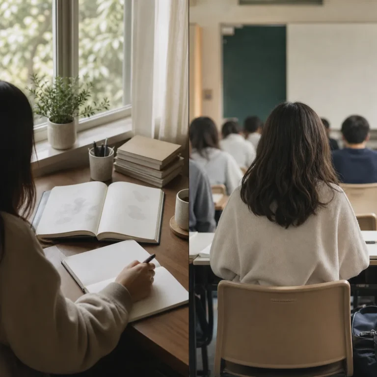 책상 위 영어 교재와 노트를 펼쳐 혼자 공부하는 사람과 강의실에서 수업을 듣는 모습을 나란히 배치한 이미지