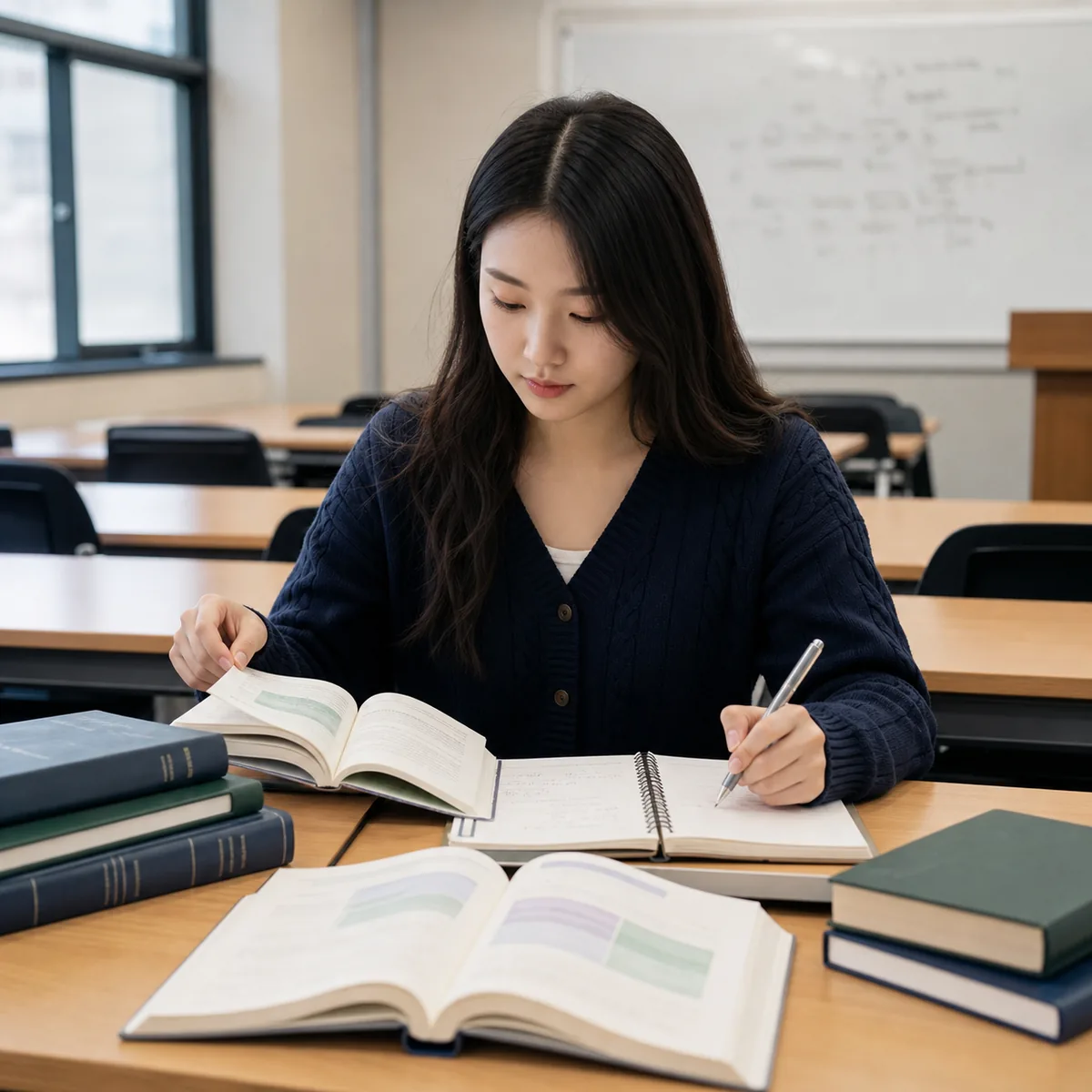 영어교육과 대학 교육과정과 교사 진로를 준비하며 전공 교재와 수업 계획을 살펴보는 대학생