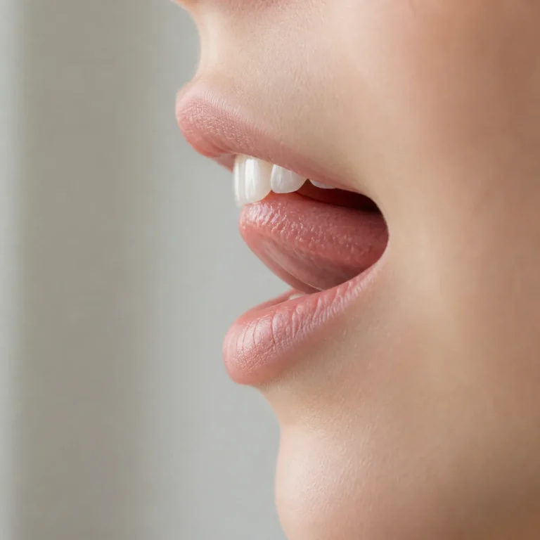 혀끝을 윗니 안쪽에 대고 th 발음을 연습하는 입 모양을 옆에서 보여 주는 그림