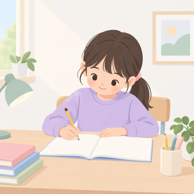 초등학생이 책상에서 영어 문장 쓰기 교재에 연필로 문장을 적고 있는 모습