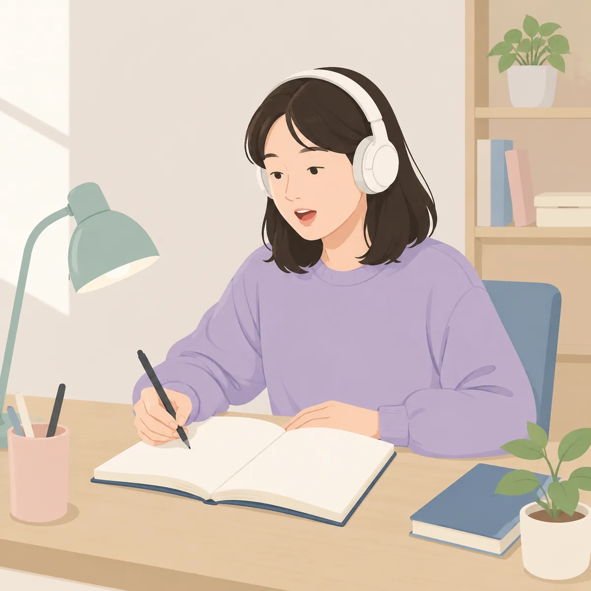 헤드폰을 끼고 영어 문장을 따라 말하며 노트에 연습 계획을 적는 학습자