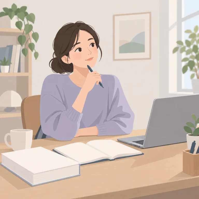 책상 위에 놓인 영어 교재와 노트, 노트북을 앞에 두고 공부 방법을 고민하는 성인 학습자