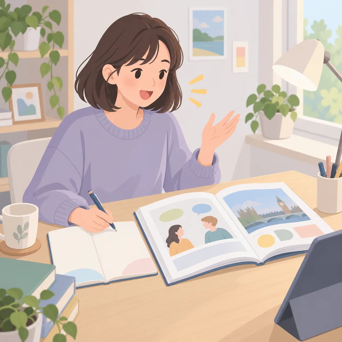 영어 회화 교재와 노트를 펼쳐 놓고 문장을 따라 말하며 연습하는 학습자의 책상 모습