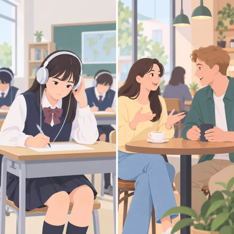 중학생 교실에서 헤드폰을 쓰고 듣기 시험을 보는 학생과 카페에서 원어민과 대화하는 성인이 나란히 놓인 이미지
