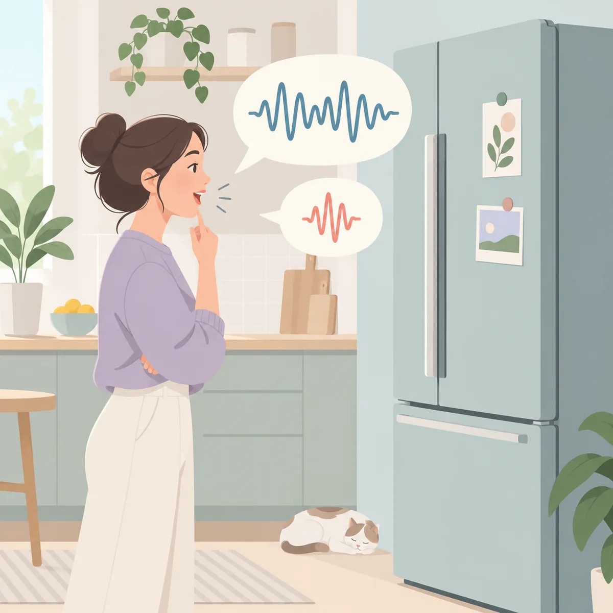냉장고 앞에서 refrigerator와 fridge 발음을 비교하는 영어 학습 이미지