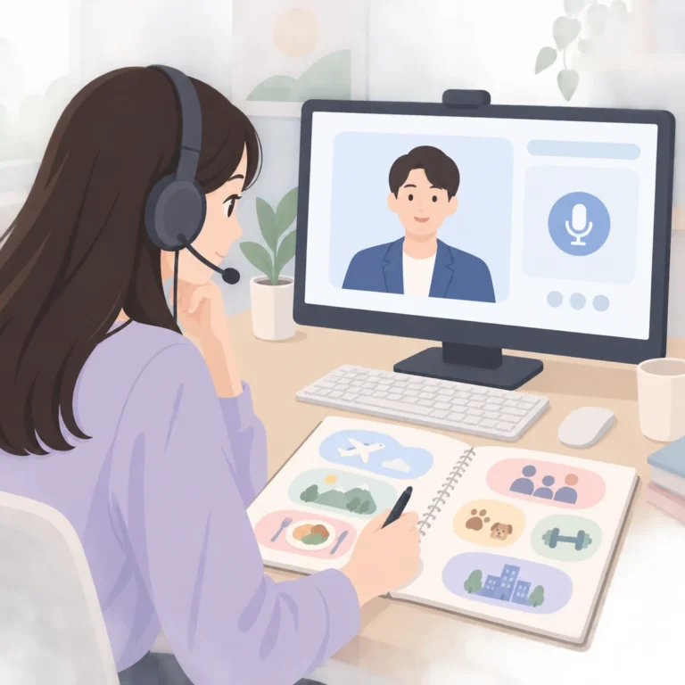 오픽 시험 화면 앞에서 돌발 질문 유형을 정리한 노트를 보며 답변을 준비하는 수험생