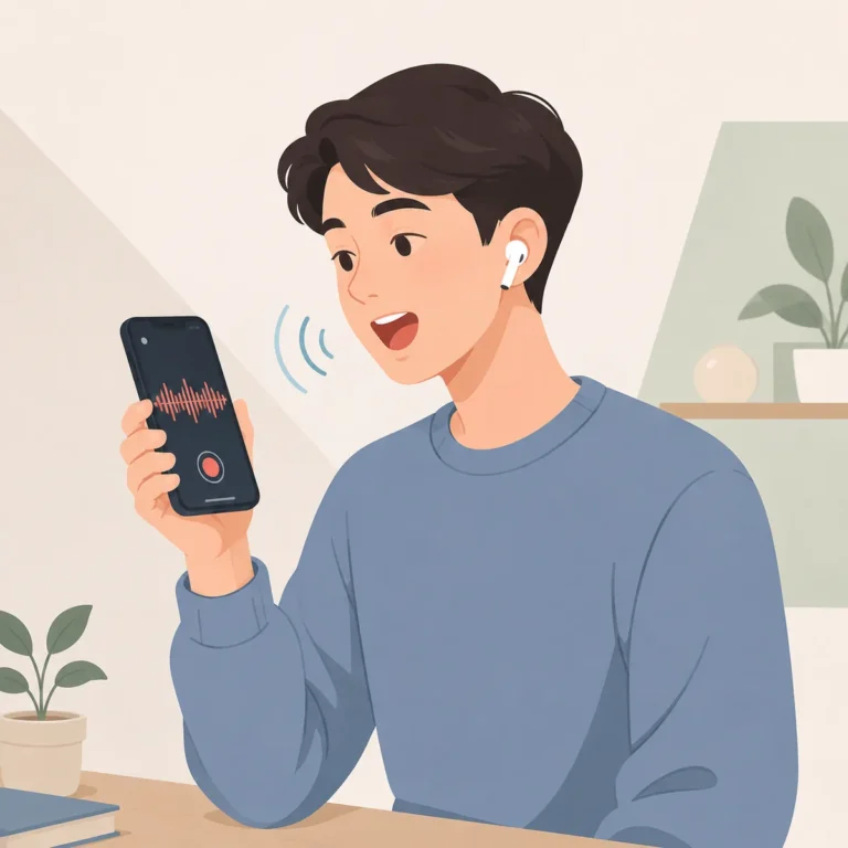 이어폰을 끼고 휴대폰 녹음 화면을 보며 영어 문장을 따라 말하는 사람