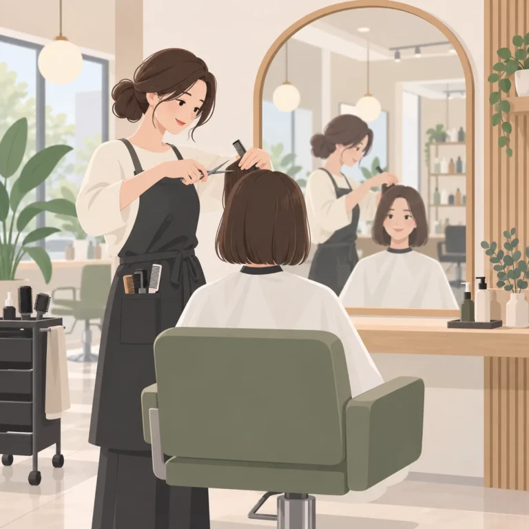 미용실 의자에 앉은 손님의 머리를 다듬는 미용사와 거울에 비친 실내 모습