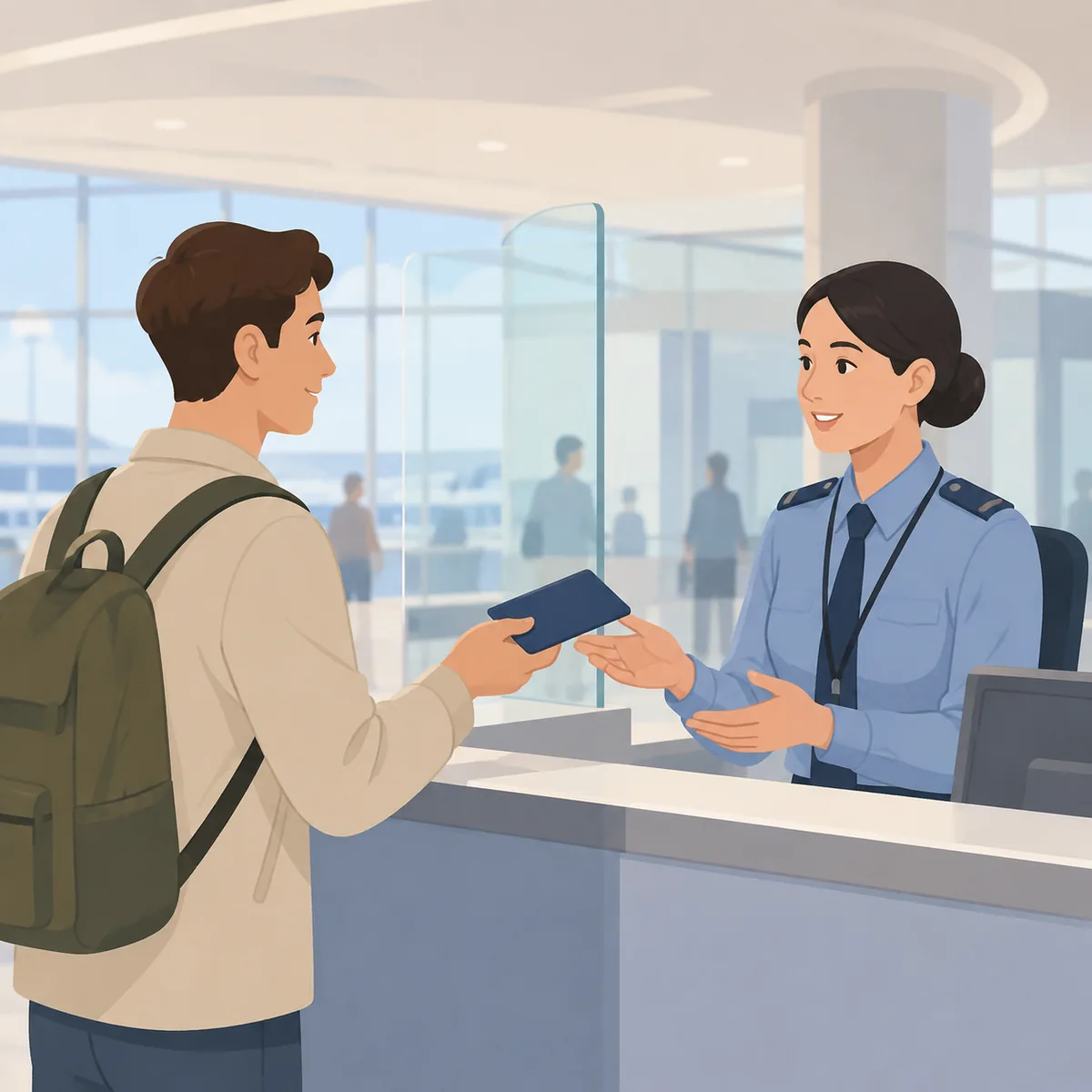 공항 입국심사대에서 여권을 건네며 심사관과 영어로 대화하는 여행자