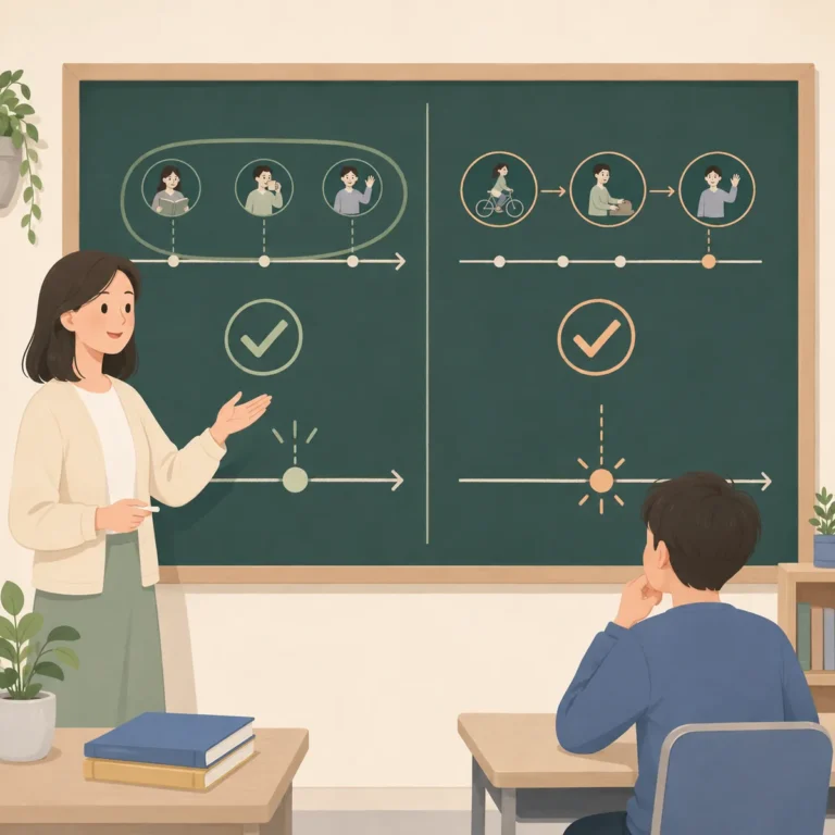 칠판에 have p.p. 형태와 과거시제 동사를 나란히 적어 두 시제를 비교하는 영어 학습 이미지