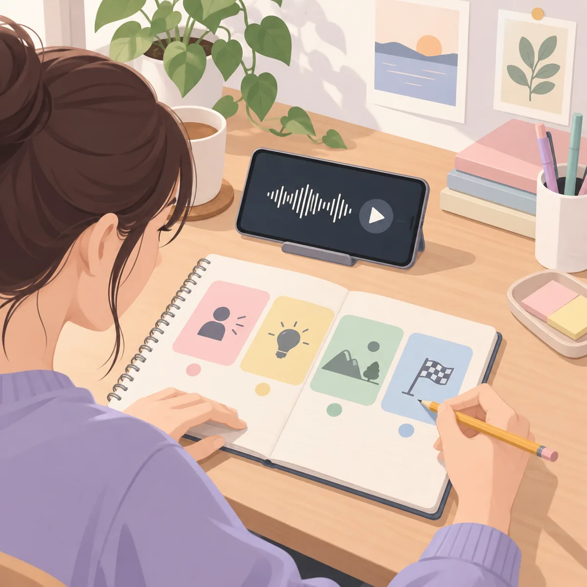 오픽 답변을 녹음한 뒤 첫 문장, 이유, 장면, 마무리 자리를 노트에 표시하며 연습하는 학습자의 책상