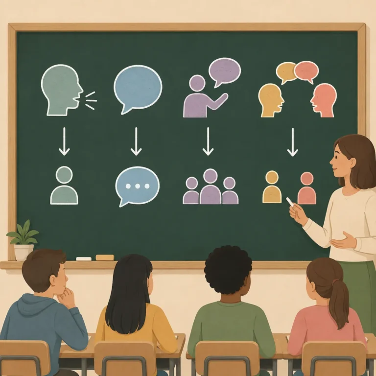 칠판에 say, tell, speak, talk 네 동사가 적혀 있고 각 동사 아래 목적어 유형이 화살표로 연결된 영어 학습 이미지