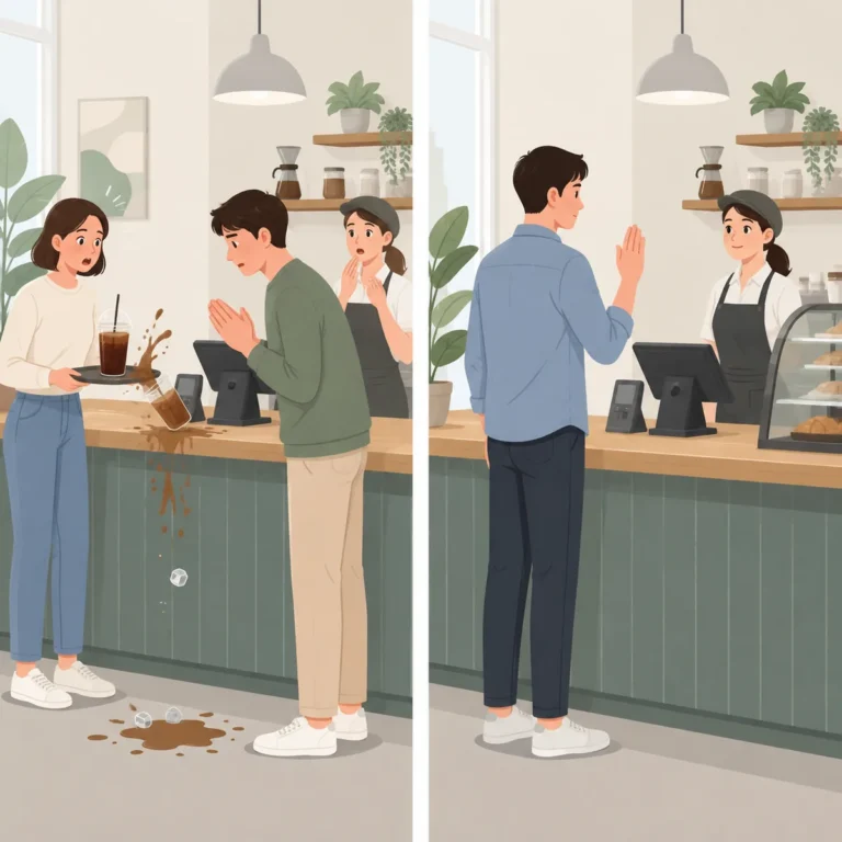 카페 계산대 앞에서 두 사람이 각각 sorry와 excuse me라고 말하는 상황을 나란히 보여 주는 영어 회화 이미지