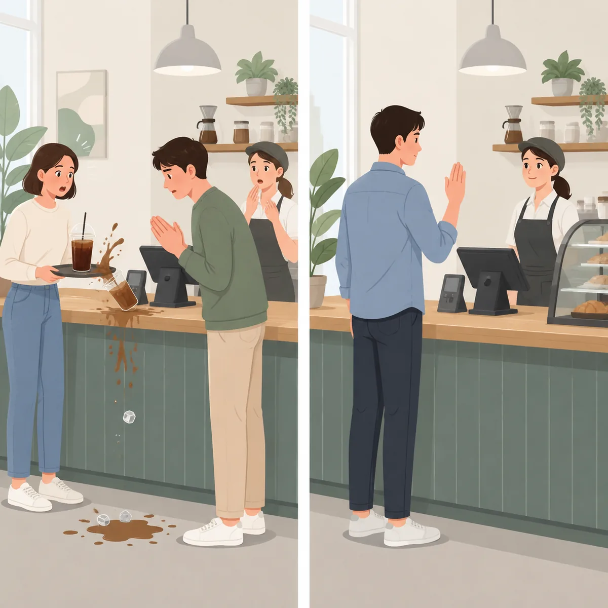카페 계산대 앞에서 두 사람이 각각 sorry와 excuse me라고 말하는 상황을 나란히 보여 주는 영어 회화 이미지
