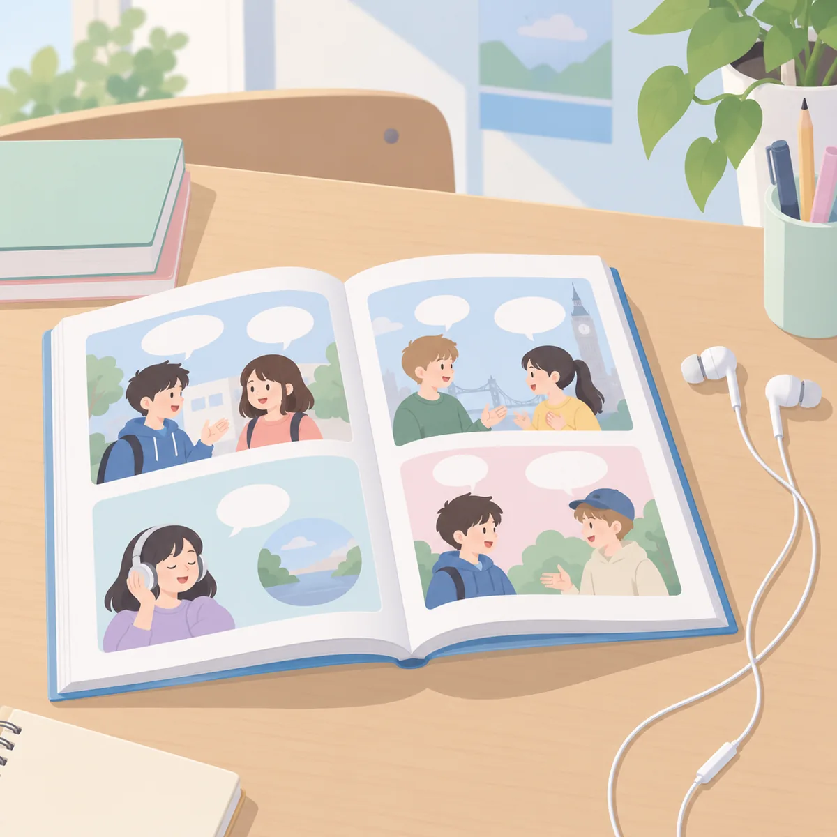 중학교 1학년 영어 교과서와 이어폰을 책상에 놓고 듣기 연습을 준비한 모습