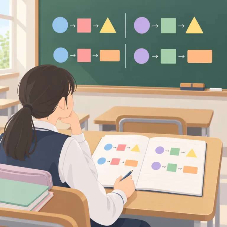 칠판 앞에서 be동사와 조동사 문장을 비교하며 공부하는 중학생의 영어 노트