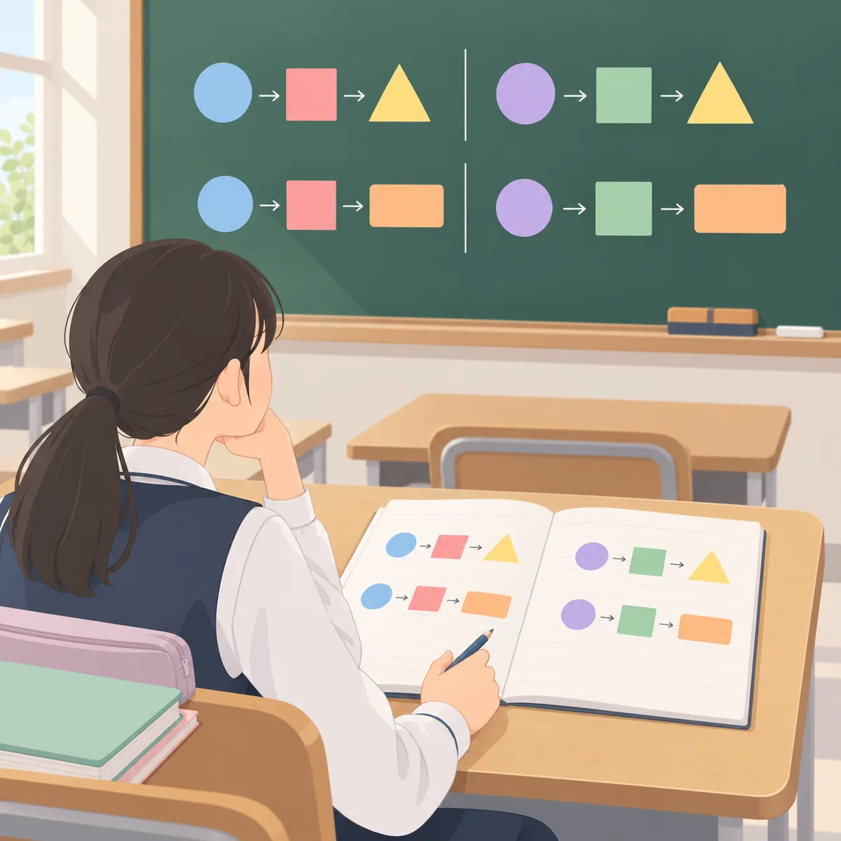 칠판 앞에서 be동사와 조동사 문장을 비교하며 공부하는 중학생의 영어 노트