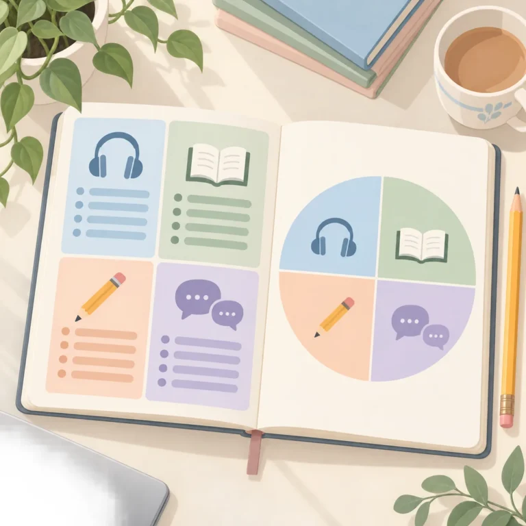 노트에 IELTS 네 영역의 하루 공부 시간 배분을 적어 둔 독학용 계획표