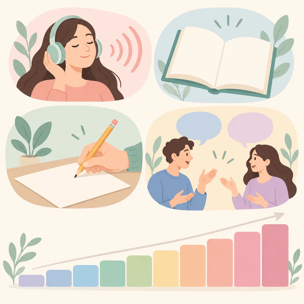 IELTS시험의 듣기·읽기·쓰기·말하기 네 영역과 0~9 밴드 점수 체계를 정리한 안내 이미지