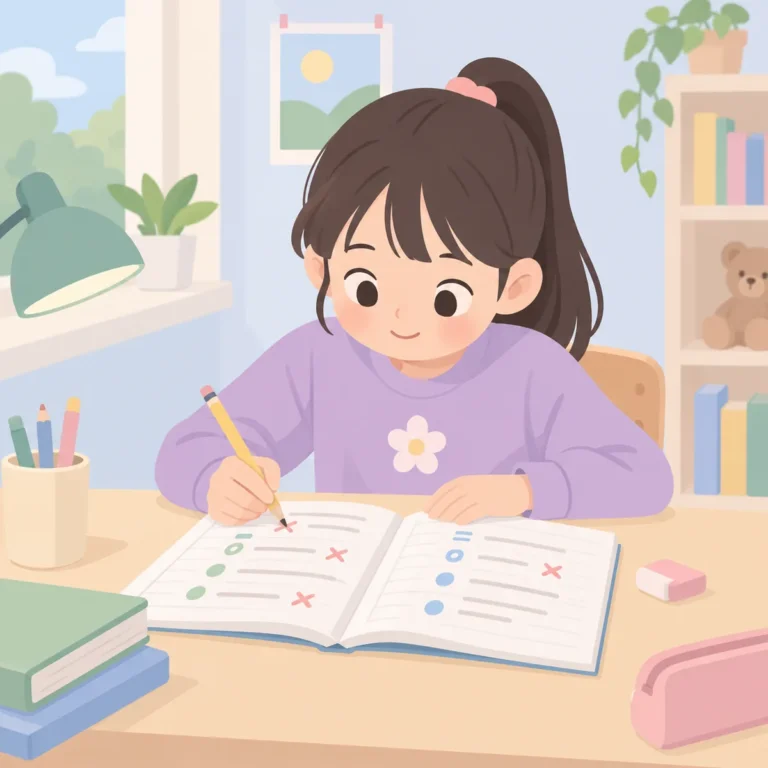 초등학생이 영어 공책에 be동사와 일반동사를 쓰며 문법을 고치고 있는 책상 장면