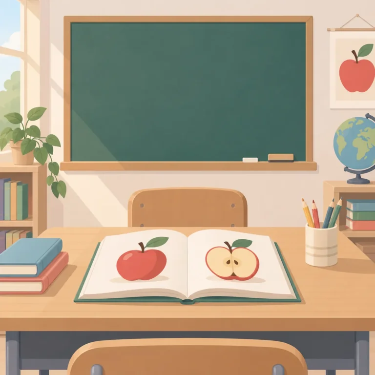 칠판에 적힌 a, an, the 세 단어와 그 아래 놓인 사과 그림 교재가 보이는 영어 수업 책상