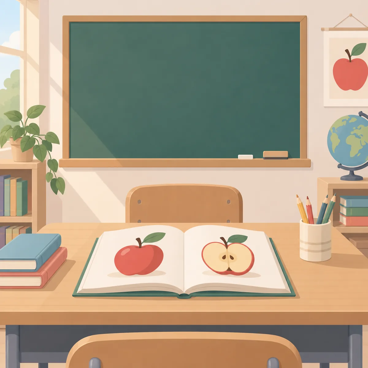 칠판에 적힌 a, an, the 세 단어와 그 아래 놓인 사과 그림 교재가 보이는 영어 수업 책상