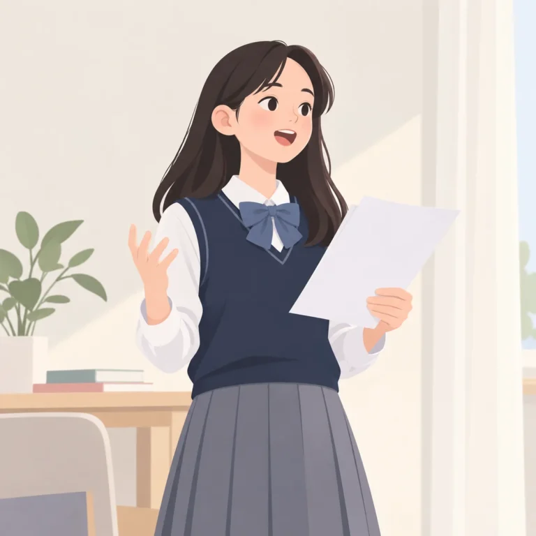 영어말하기대회 원고를 손에 들고 발표 연습을 하는 학생