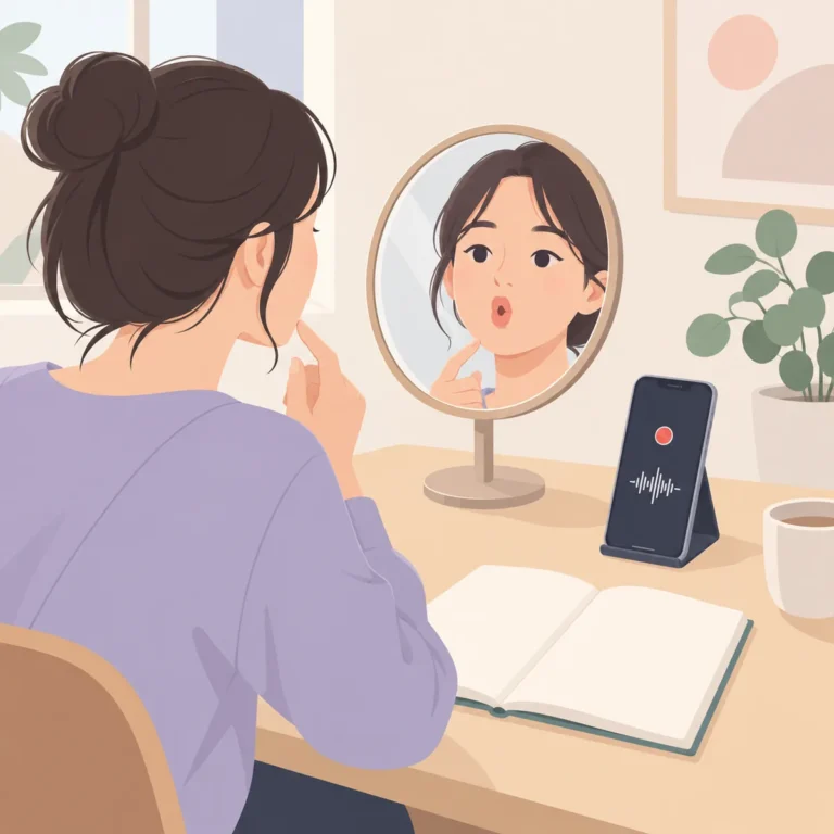 거울 앞에서 입 모양을 확인하며 영어 발음을 연습하는 책상 위 노트와 녹음용 스마트폰