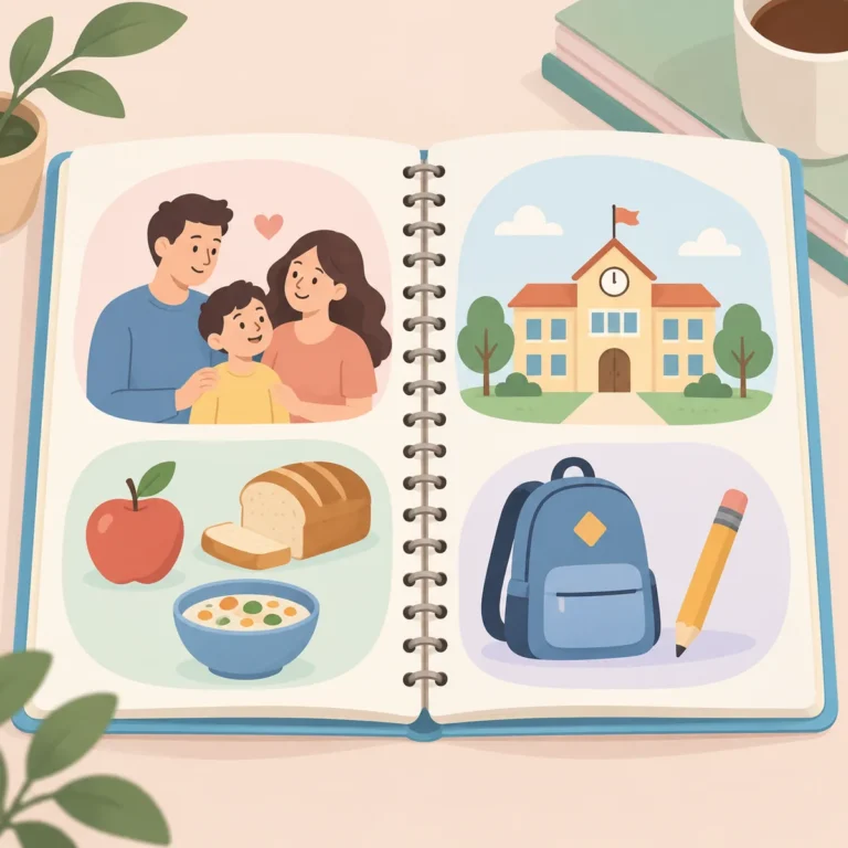 가족, 학교, 음식과 관련된 영어 단어와 짧은 예문이 적힌 학습 노트