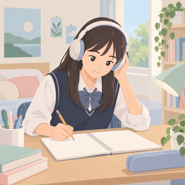 헤드폰을 끼고 영어 듣기 음원을 들으며 공책에 문장을 받아쓰는 중학생의 책상 풍경