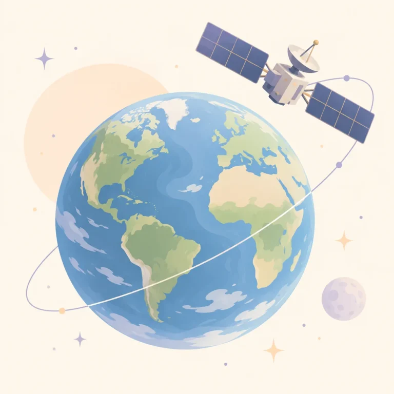 지구 궤도를 도는 인공위성 그림과 satellite 발음기호가 함께 담긴 영어 단어 학습 이미지